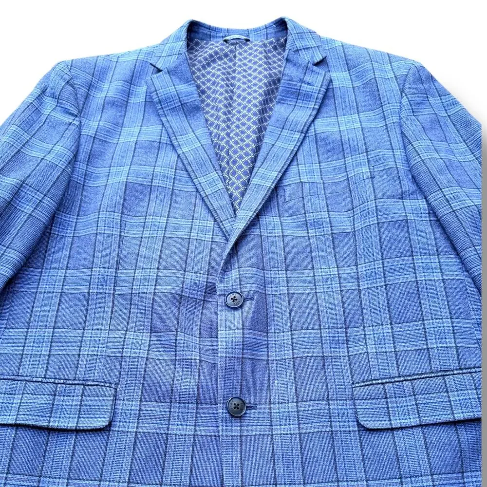 Crown & Ivy Men's 46R Blue Plaid Blazer Sport Coat Two Button Cotton Blend